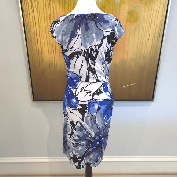 Ronni Nicole Floral Sheath Dress Size‎ 6 Cowl Neck Blue White Black Sleeveless - Picture 5 of 14